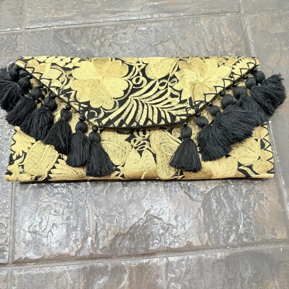 Black & Gold Embroidered Tassel Clutch Boho Statement Envelope Bag